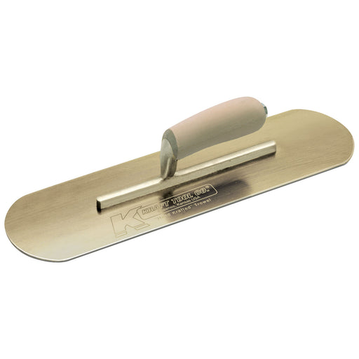 Kraft Tool Co. CF279 16" x 4" Golden Stainless Steel Pool Trowel with a Camel Back Wood Handle on a Short Shank