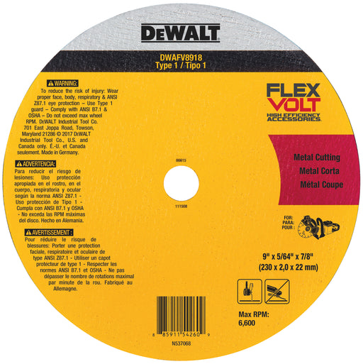 Dewalt DWAFV8918 Flexvolt Ceramic Metal Cutoff Wheel Type 1 9" x 5/56" x 7/8" T1