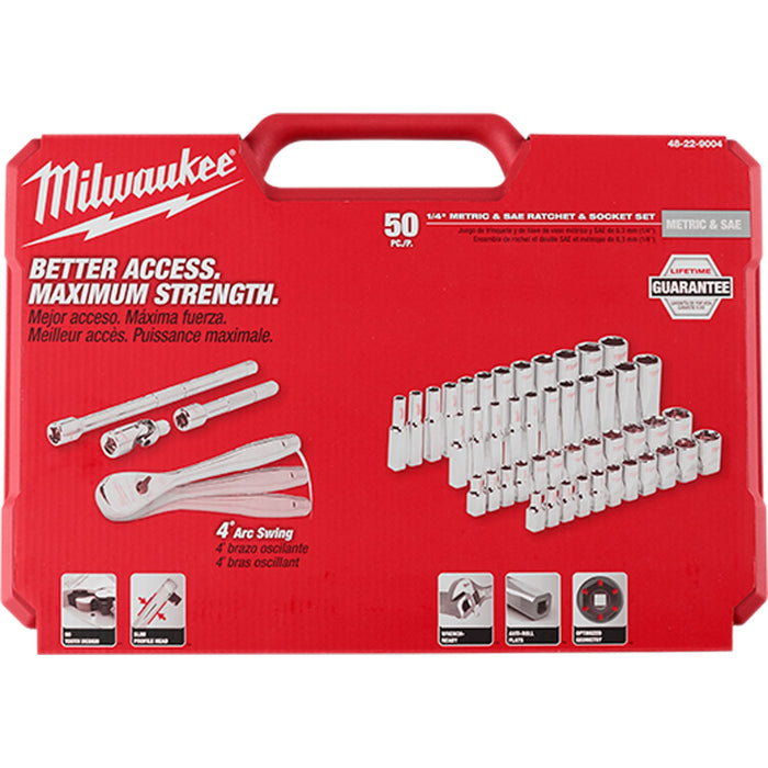 Milwaukee 48-22-9004 1/4" Drive 50pc Ratchet & Socket Set - SAE & Metric