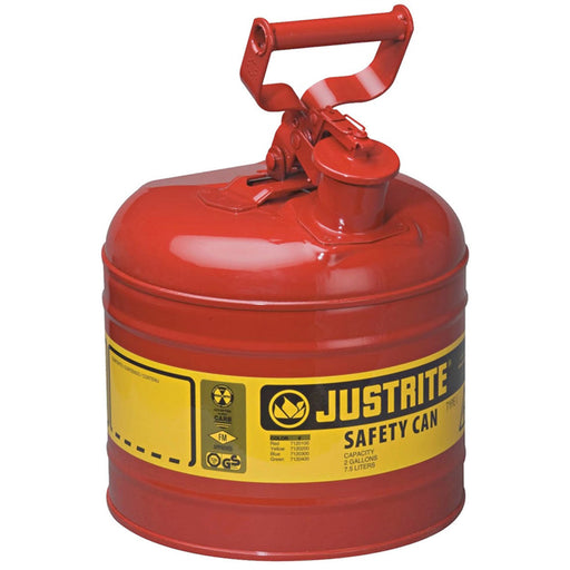 Justrite 4618880 Safety Can, 2 gal Capacity, Steel, Red