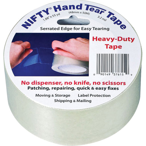 Nifty T3761RTL Heavy-Duty Hand Tear Tape, 55 yd L, 2 in W, 3.2 mil thick, Acrylic Adhesive, Clear