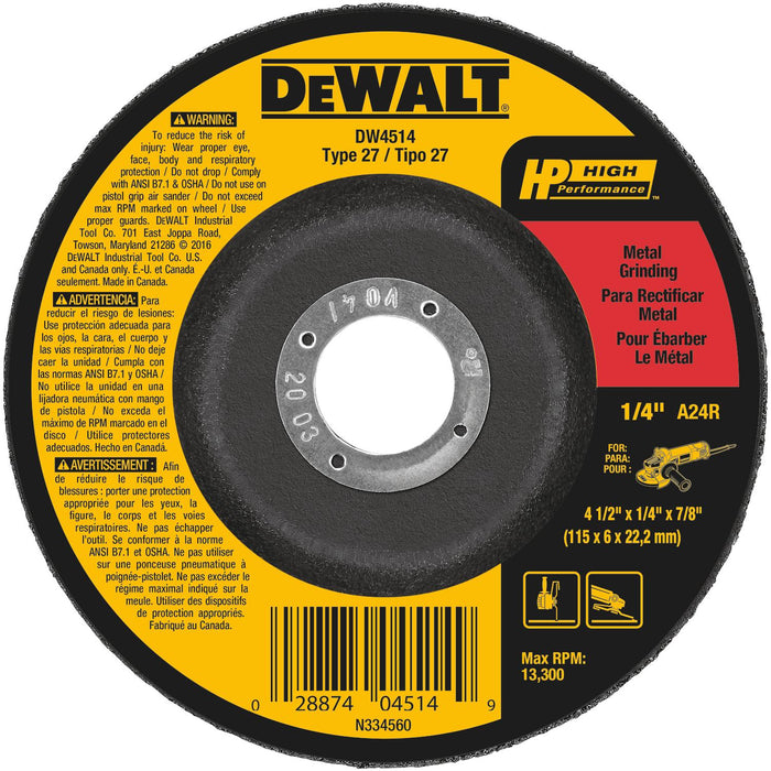 Dewalt DW4514 High Performance Metal Grinding Wheel 4-1/2" x 1/4" x 7/8"
