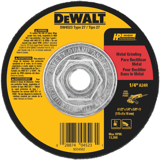 Dewalt DW4523 High Performance Metal Grinding Wheel 4-1/2" x 1/4" x 5/8"