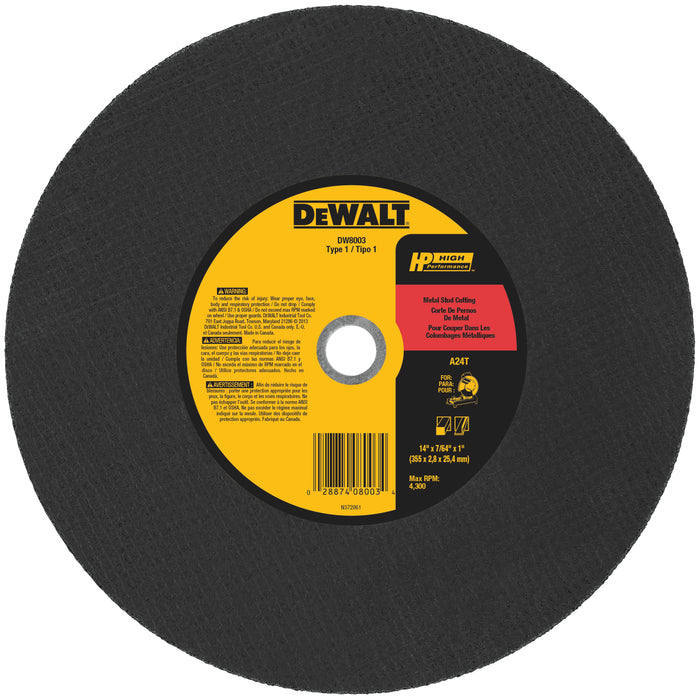 Dewalt DW8003 Metal Cutting Chop Saw Wheel Type 1 14" Diameter 1" Arbor