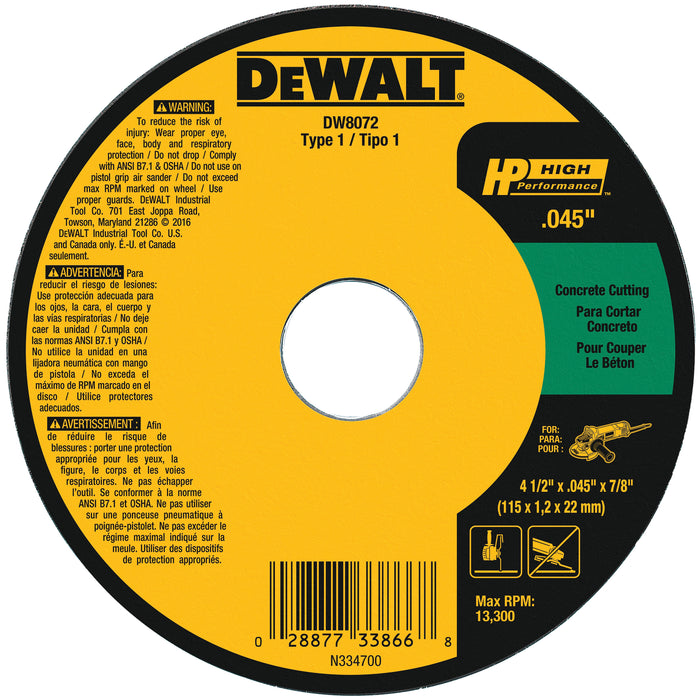 Dewalt DW8072 HP Masonry Cutting Wheel Type 1 4-1/2" Diameter 7/8" Arbor