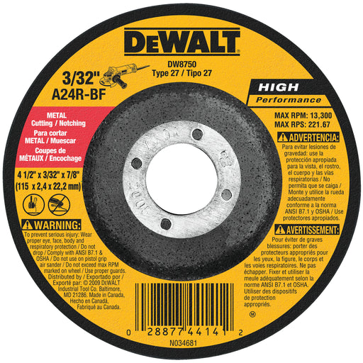 Dewalt DW8750 HP Metal Cutting Wheel Type 27 4-1/2" Diameter 7/8" Arbor 25 Pack