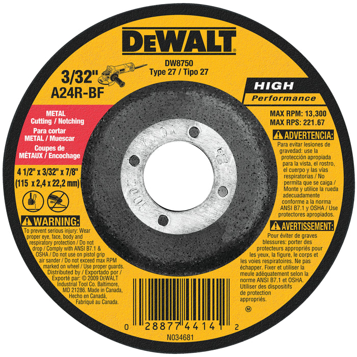 Dewalt DW8750 HP Metal Cutting Wheel Type 27 4-1/2" Diameter 7/8" Arbor 25 Pack