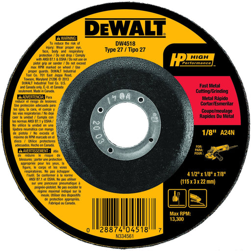 Dewalt DW4518 Type 27 Depressed Center High Performance Grinding Wheel, 4-1/2 In Dia X 1/8 In T