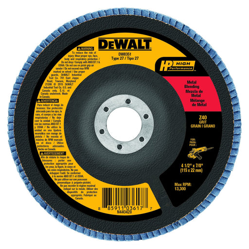 Dewalt DW8351 Coated High Performance Type 27 Flap Disc With Hub, 4-1/2 In, 40 Grit, 7/8 In Arbor