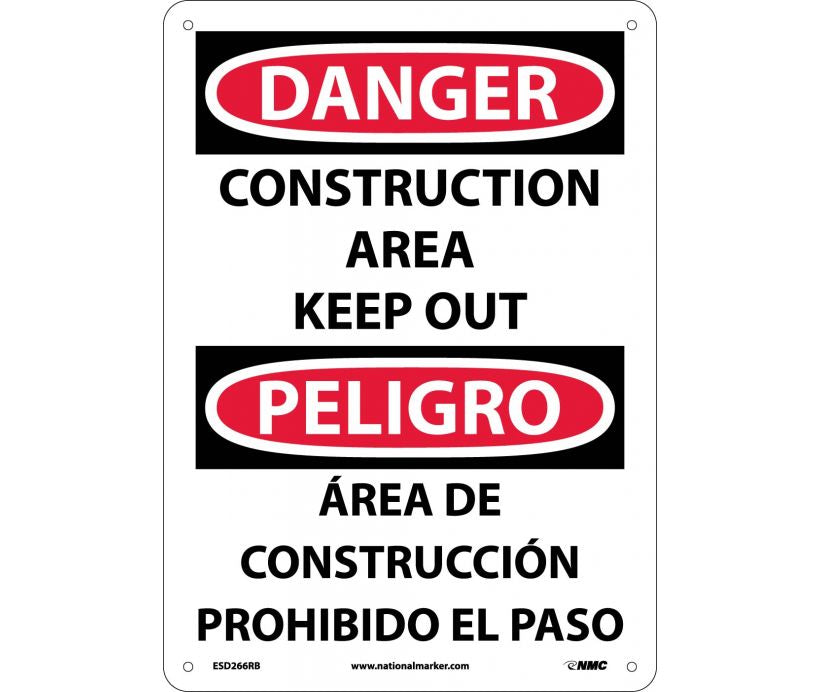NMC ESD266RB Bilingual Sign Danger Construction (Plastic 14" x 10")