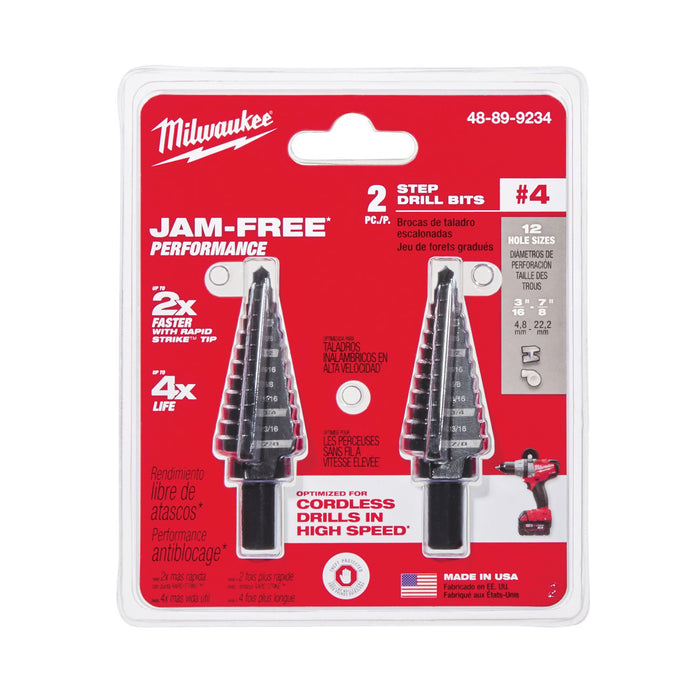 Milwaukee 48-89-9234 Step Drill Bit, 3/16 -7/8 Hole In 4 Steps 1/16 In D Step 2 Flutes 1/4 In 3-Flat